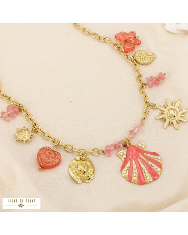 Collier Acier Inoxydable Breloques Coquillage Soleil Cœur Papillon CASSANDRE rouge