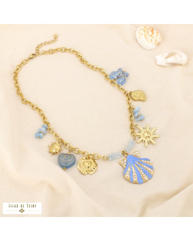 Collier Acier Inoxydable Breloques Coquillage Soleil Cœur Papillon CASSANDRE bleu ciel