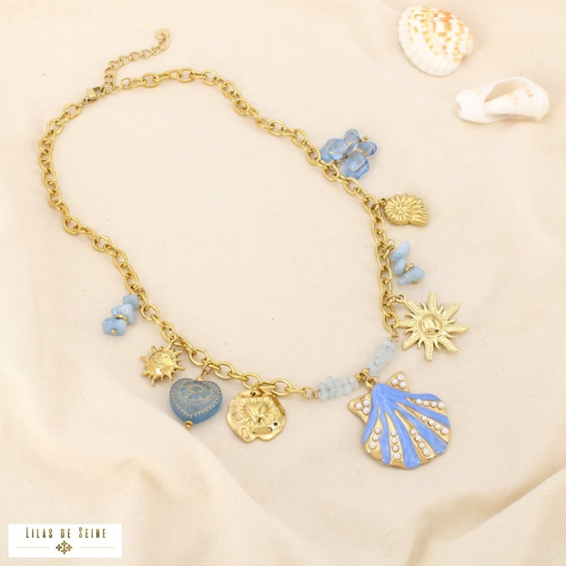 Collier Acier Inoxydable Breloques Coquillage Soleil Cœur Papillon CASSANDRE bleu ciel