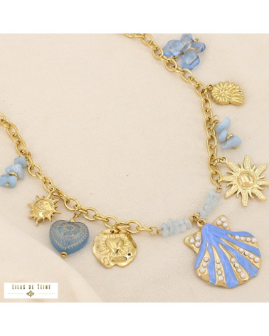 Collier Acier Inoxydable Breloques Coquillage Soleil Cœur Papillon CASSANDRE bleu ciel