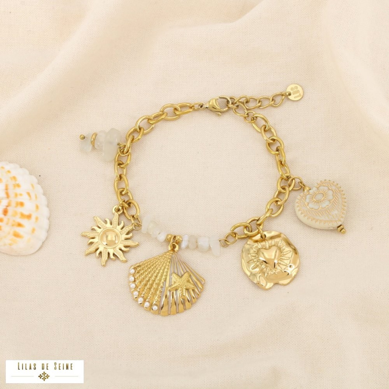 Bracelet Acier Inoxydable  Breloques Coquillage Soleil Cœur CASSANDRE naturel/beige