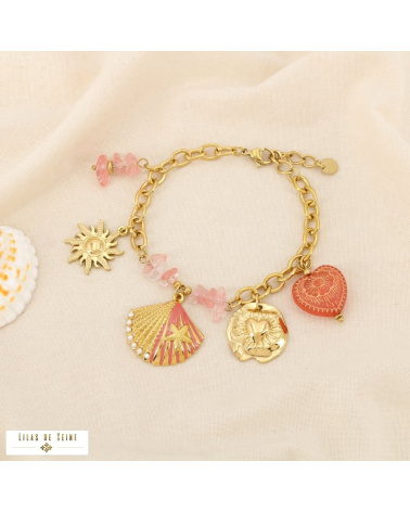 Bracelet Acier Inoxydable  Breloques Coquillage Soleil Cœur CASSANDRE rouge