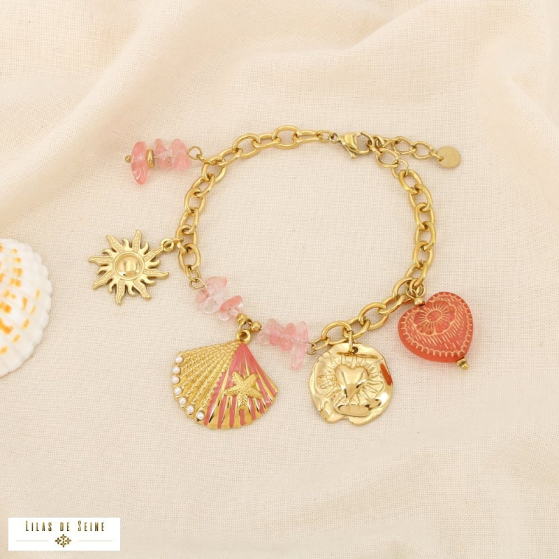 Bracelet Acier Inoxydable  Breloques Coquillage Soleil Cœur CASSANDRE rouge