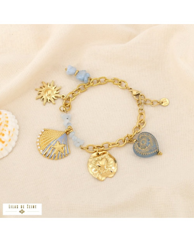 Bracelet Acier Inoxydable  Breloques Coquillage Soleil Cœur CASSANDRE bleu ciel