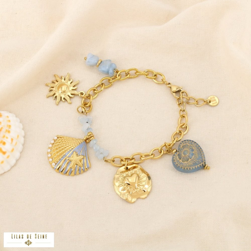 Bracelet Acier Inoxydable  Breloques Coquillage Soleil Cœur CASSANDRE bleu ciel
