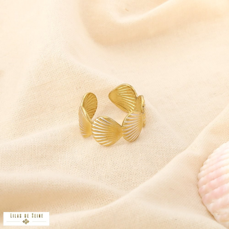Bague Ouverte Acier Inoxydable Doré Émail Blanc – Inspiration Coquillage ARIANE blanc