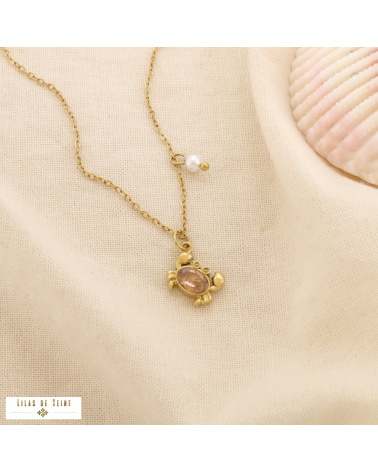 Collier Acier Inoxydable Pendentif Crabe Strass Rose KELLY doré