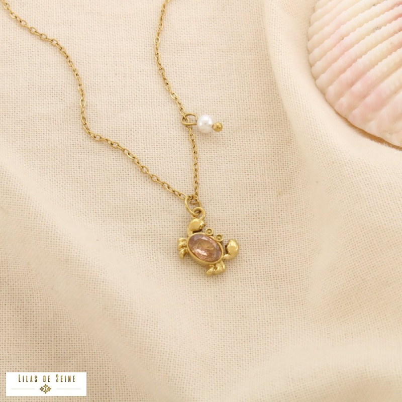 Collier Acier Inoxydable Pendentif Crabe Strass Rose KELLY doré