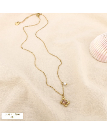 Collier Acier Inoxydable Pendentif Crabe Strass Rose KELLY doré