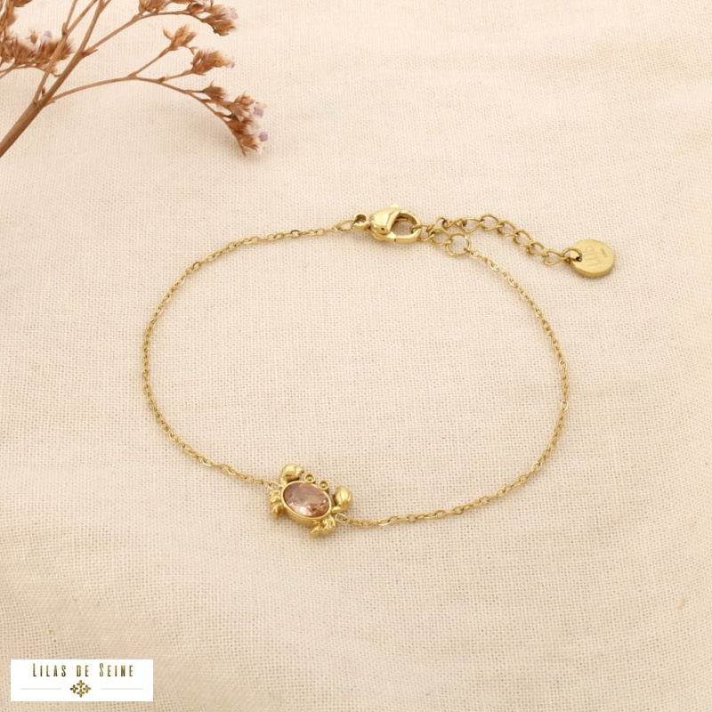 Bracelet Acier Inoxydable Crabe Strass Rose KELLY doré
