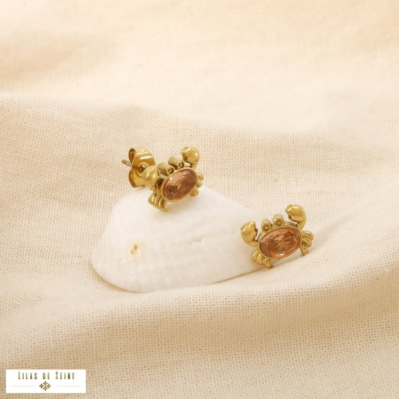 Puces d’Oreilles Acier Inoxydable Crabe Strass Rose KELLY champagne