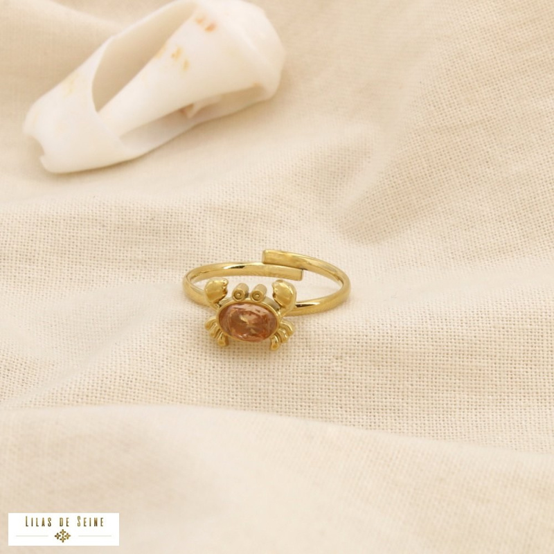 Bague Ouverte Acier Inoxydable Crabe Strass Rose KELLY champagne