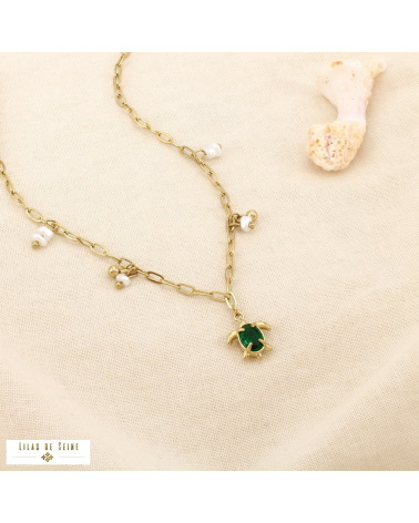 Collier Acier Inoxydable Tortue Perles Nacrées CHARLINE vert