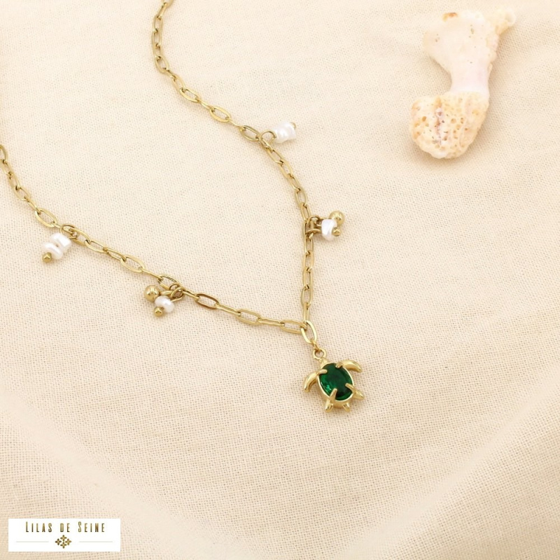 Collier Acier Inoxydable Tortue Perles Nacrées CHARLINE vert