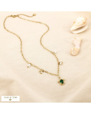 Collier Acier Inoxydable Tortue Perles Nacrées CHARLINE vert