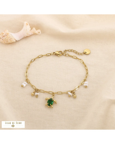 Bracelet Acier Inoxydable Tortue Perles Nacrées CHARLINE vert