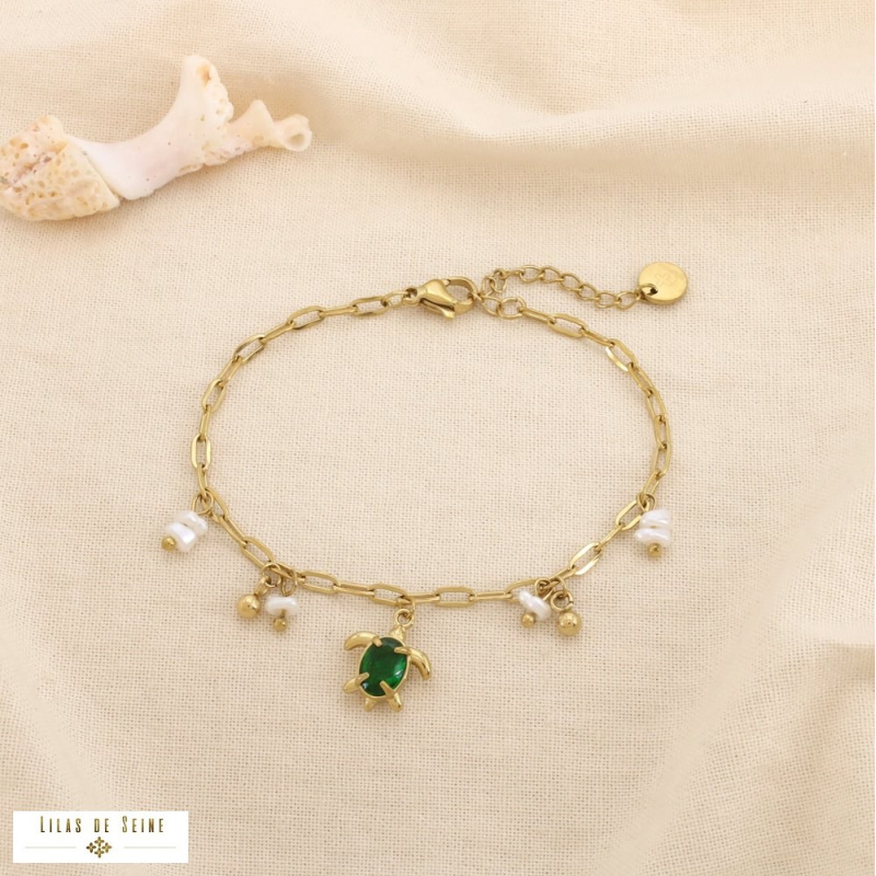 Bracelet Acier Inoxydable Tortue Perles Nacrées CHARLINE vert