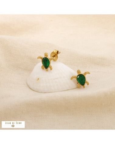 Puces d’Oreilles Acier Inoxydable Tortue Strass Vert CHARLINE vert