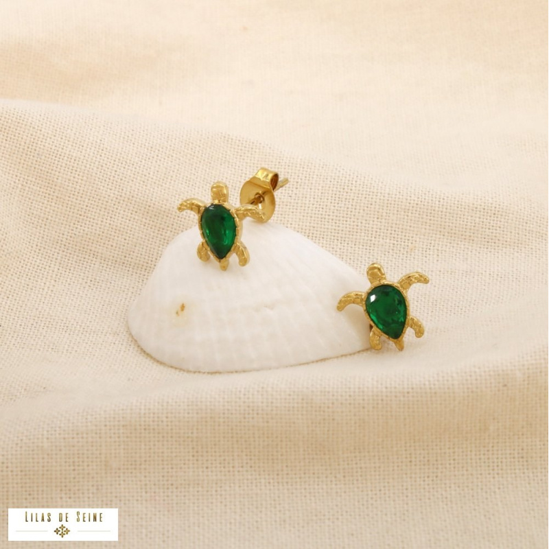 Puces d’Oreilles Acier Inoxydable Tortue Strass Vert CHARLINE vert