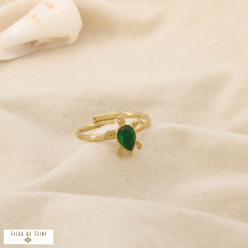 Bague Ouverte Acier Inoxydable Tortue Strass Vert CHARLINE vert