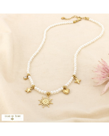 Collier Acier Inoxydable Perles Nacrées Soleil Étoiles Cœur LOUISA blanc