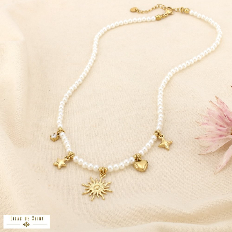 Collier Acier Inoxydable Perles Nacrées Soleil Étoiles Cœur LOUISA blanc
