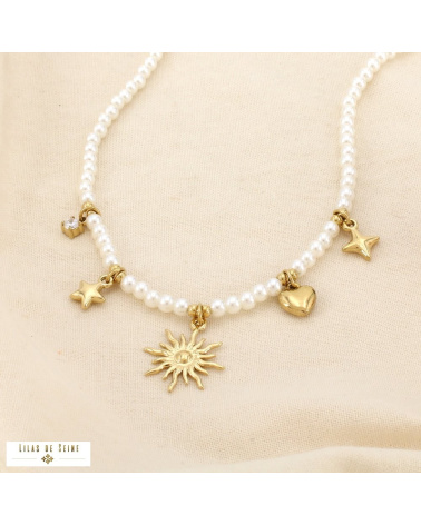 Collier Acier Inoxydable Perles Nacrées Soleil Étoiles Cœur LOUISA blanc
