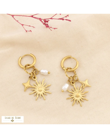Boucles d’Oreilles Acier Inoxydable Soleil Étoile Perle Nacrée LOUISA doré