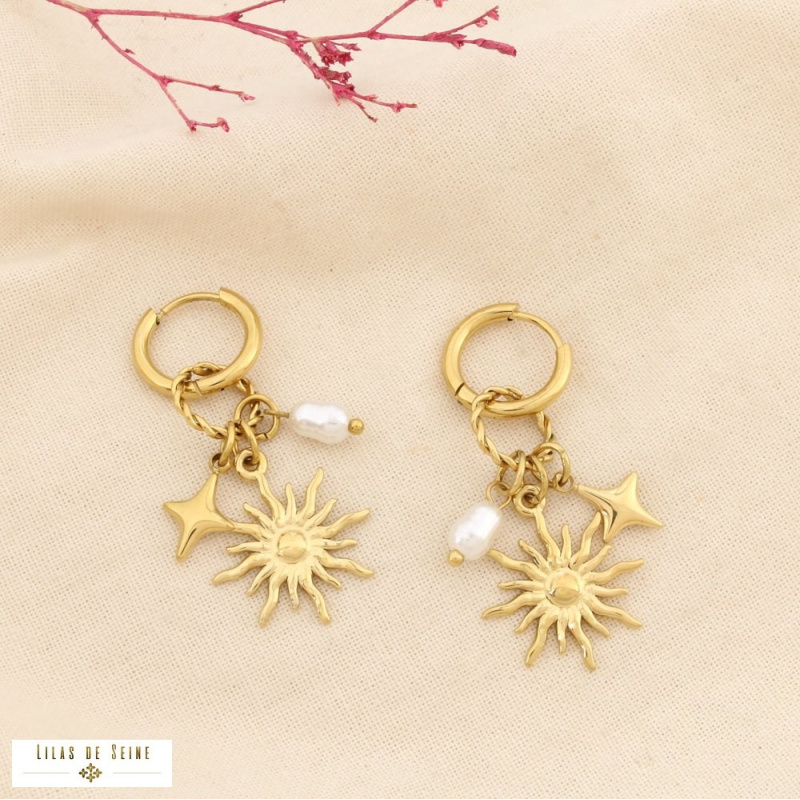 Boucles d’Oreilles Acier Inoxydable Soleil Étoile Perle Nacrée LOUISA doré