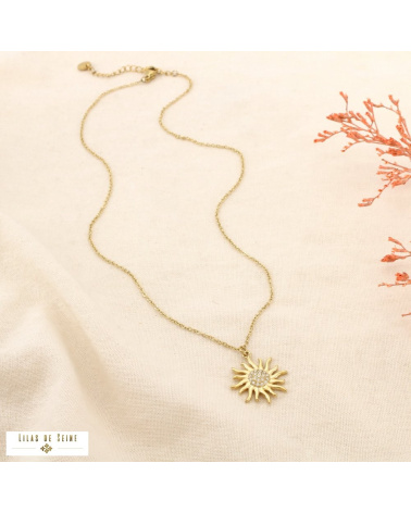 Collier Acier Inoxydable Soleil Rayonnant Strass MELANIE doré