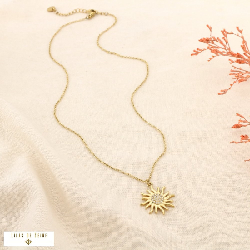 Collier Acier Inoxydable Soleil Rayonnant Strass MELANIE doré