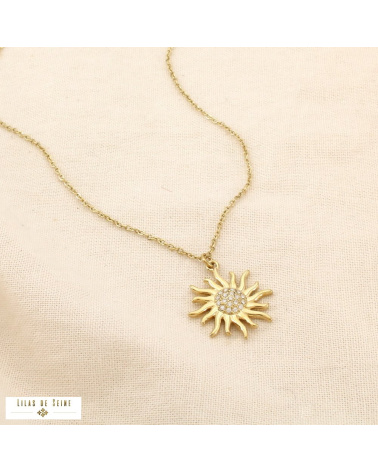 Collier Acier Inoxydable Soleil Rayonnant Strass MELANIE doré