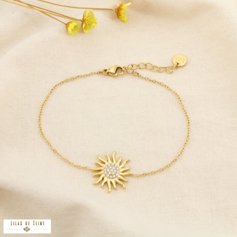Bracelet Acier Inoxydable Soleil Rayonnant Strass MELANIE doré