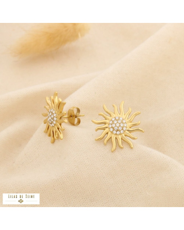 Boucles d’Oreilles Acier Inoxydable Soleil Rayonnant Strass LOUISA doré