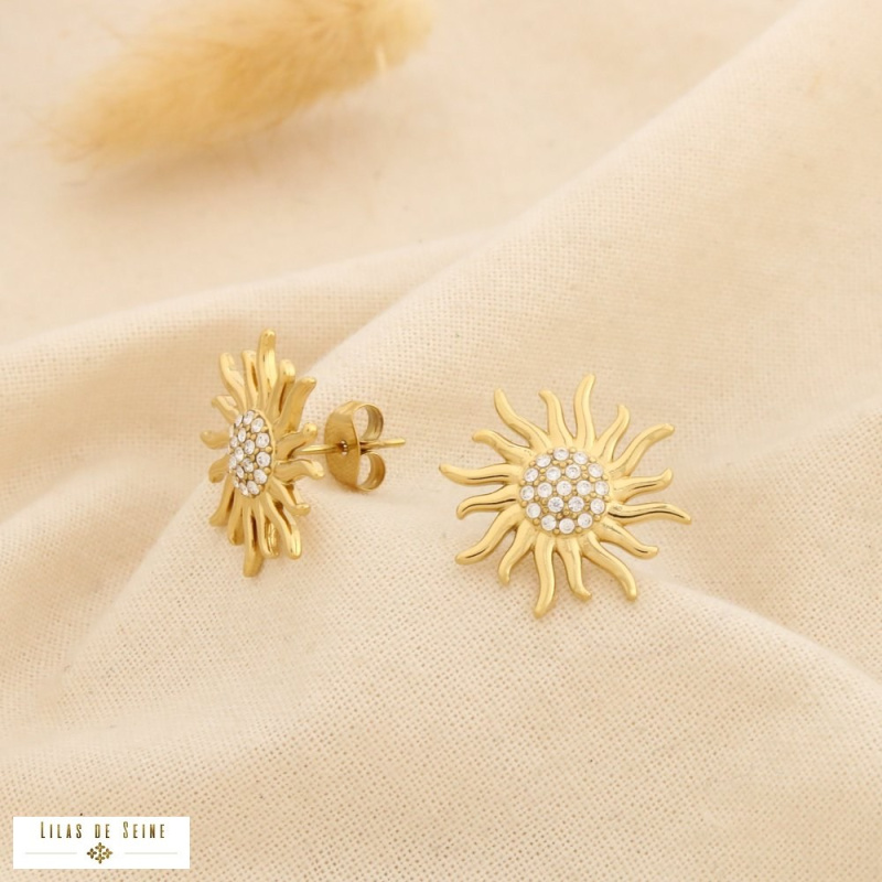 Boucles d’Oreilles Acier Inoxydable Soleil Rayonnant Strass LOUISA doré