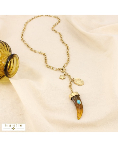 Collier Y pendentif corne acier inoxydable doré LISON taupe