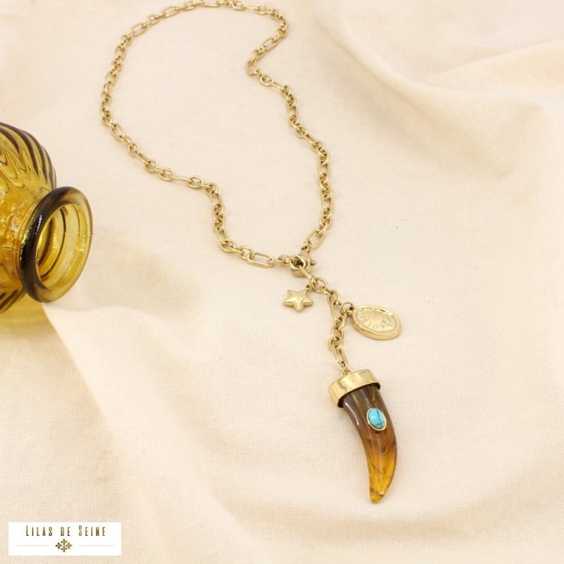Collier Y pendentif corne acier inoxydable doré LISON taupe