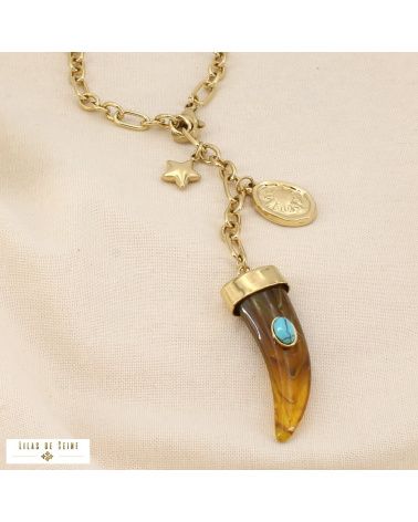 Collier Y pendentif corne acier inoxydable doré LISON taupe