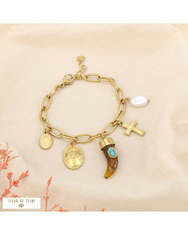 Bracelet pendentif corne acier inoxydable doré LISON taupe