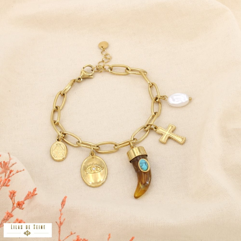 Bracelet pendentif corne acier inoxydable doré LISON taupe