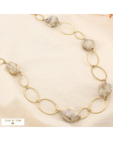 Sautoir Acier Doré Galets Résine Marbrée SONIA naturel/beige