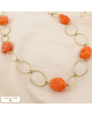 Sautoir Acier Doré Galets Résine Marbrée SONIA orange