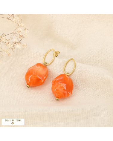 Boucles d'Oreilles Pendantes Acier Doré Galets Résine Marbrée SONIA orange