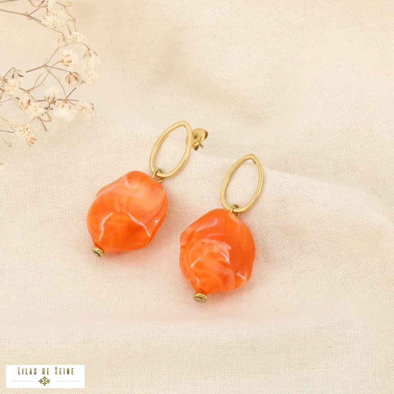 Boucles d'Oreilles Pendantes Acier Doré Galets Résine Marbrée SONIA orange