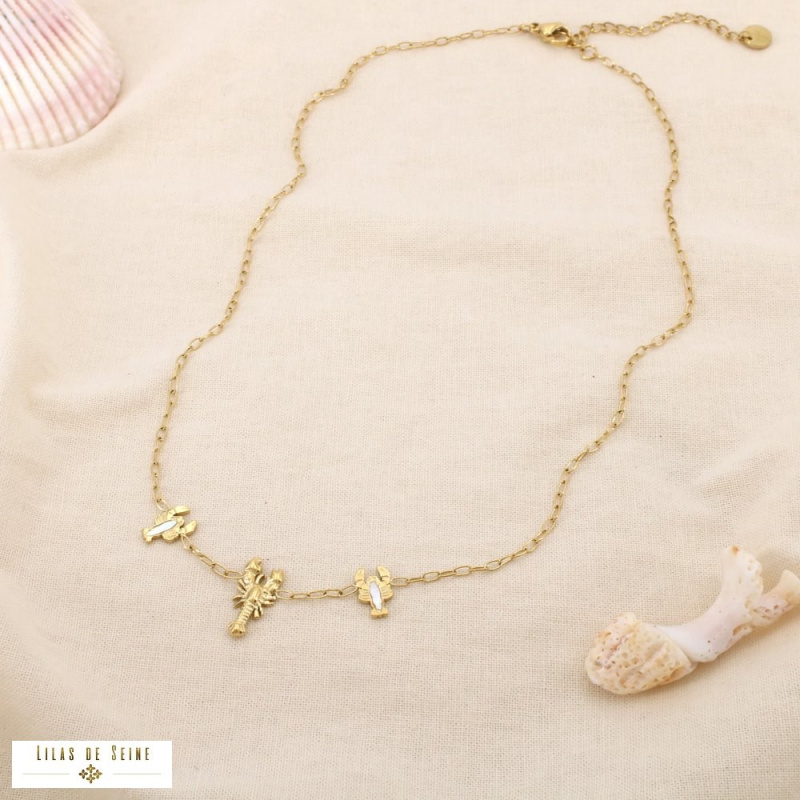 Collier Marin Homards Acier Inoxydable Nacre Naturelle IRENE doré