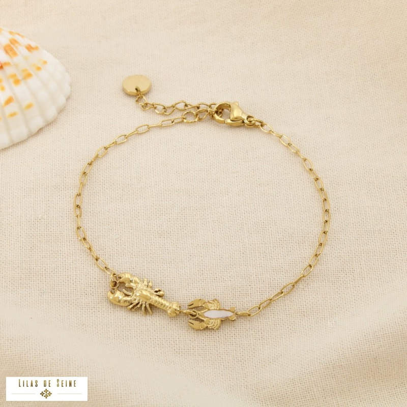 Bracelet Marin Homards Acier Inoxydable Nacre Naturelle IRENE doré