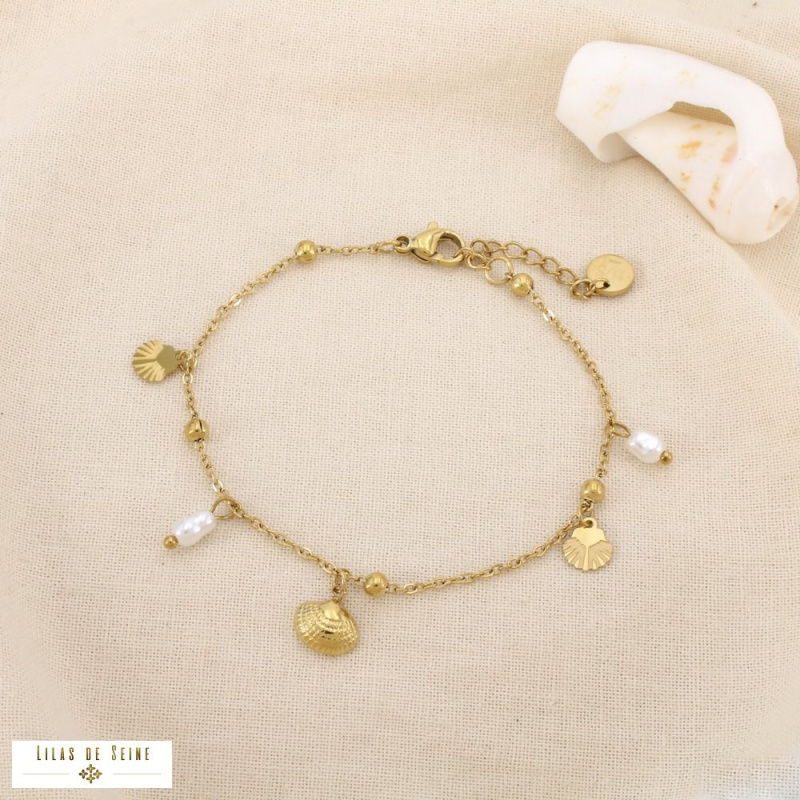 Bracelet Marin Coquillages Acier Inoxydable Perles SIDONIE doré