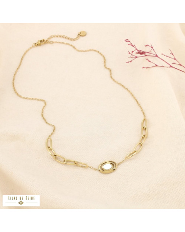 Collier Acier Inoxydable Maille Trombone Nacre ANASTASIA doré