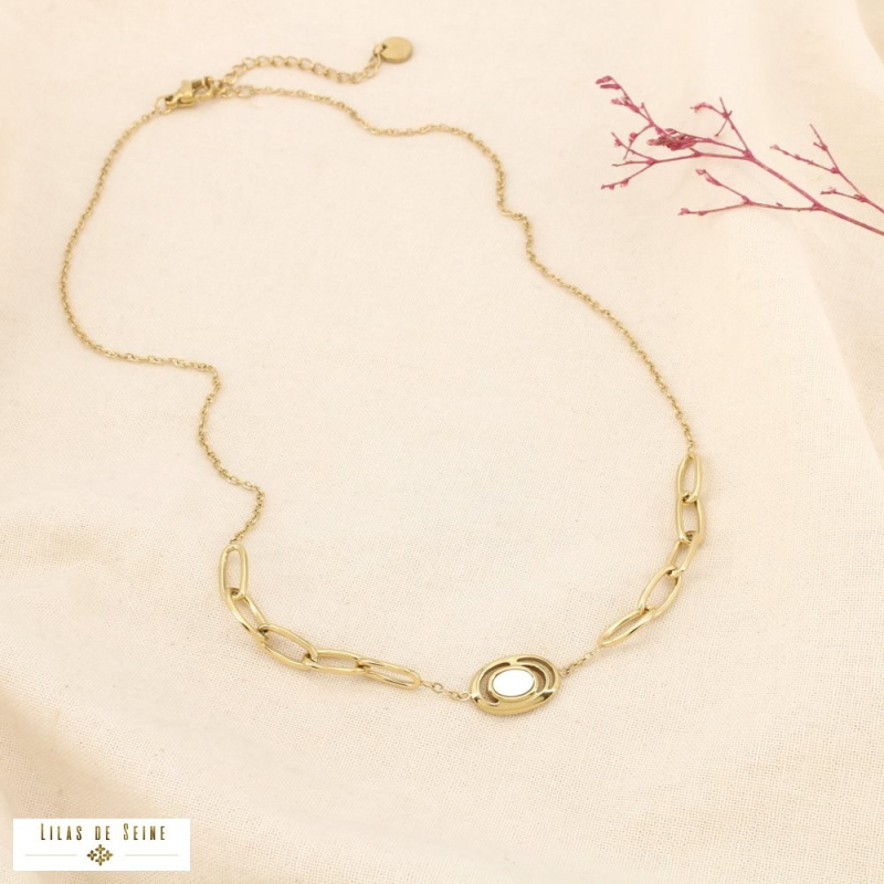 Collier Acier Inoxydable Maille Trombone Nacre ANASTASIA doré