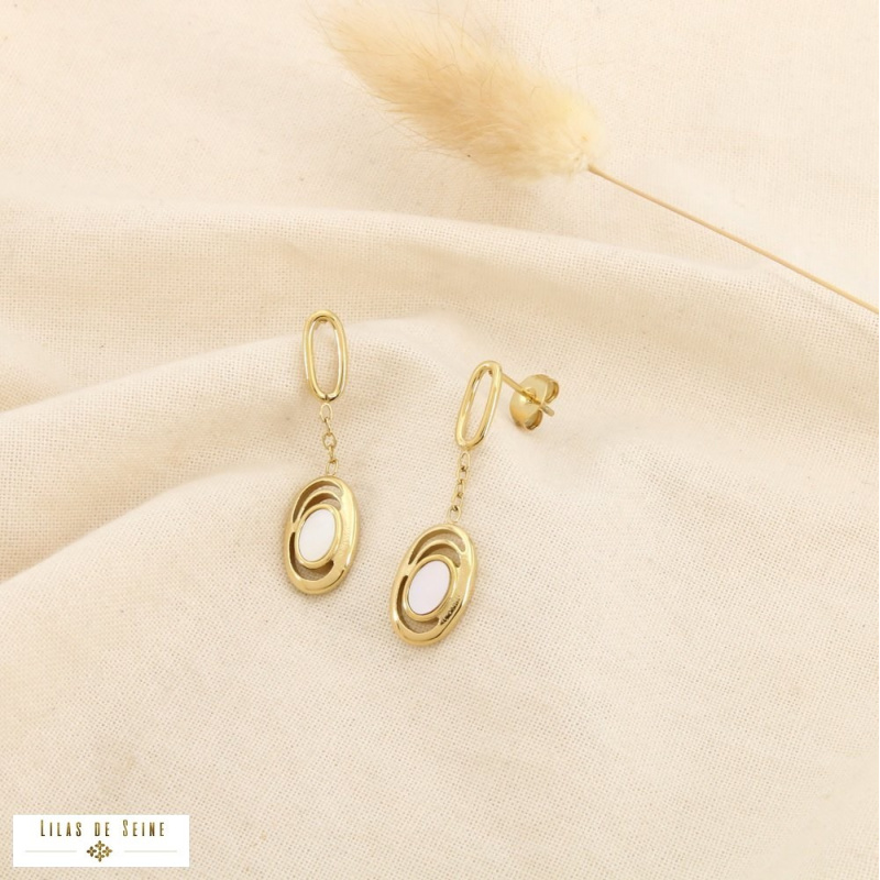 Boucles d'Oreilles Pendantes Acier Inoxydable Nacre ANASTASIA doré